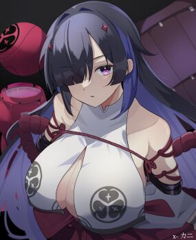 1girl absurdres arms_behind_back bare_shoulders bdsm black_hair blue_hair bondage bound breast_curtains breasts chaos_zero_nightmare chizuru_(chaos_zero_nightmare) cleavage clothing_cutout collarbone commentary english_commentary hakama hakama_short_skirt hakama_skirt highres huge_breasts japanese_clothes mole mole_under_eye multicolored_hair nontraditional_miko obi one_eye_covered purple_eyes red_hakama restrained saabyboi sash shibari sideboob skirt