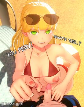 1boy 1girl 3d beach bikini blonde_hair breasts clothes_pull green_eyes koikatsu_(medium) looking_at_viewer mezzyy nipples penis ponytail pov self-upload swimsuit tagme teasing