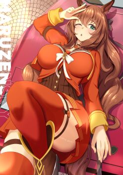 1girl absurdres animal_ears blue_eyes blush boots bow breasts brown_boots brown_hair brown_sailor_collar car cropped_jacket ear_bow green_eyes hair_between_eyes highres horse_ears horse_girl horse_tail jacket lamborghini lamborghini_countach large_breasts long_hair long_sleeves loob looking_at_viewer lying maruzensky_(formula_r)_(umamusume) maruzensky_(umamusume) motor_vehicle on_back on_car one_eye_closed open_mouth pendant_choker red_jacket red_serafuku red_shirt red_skirt red_thighhighs sailor_collar school_uniform serafuku shirt skirt solo tail thigh_strap thighhighs thighs umamusume w white_bow