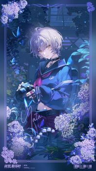 Rule 34 | 1girl, backpack, bag, black choker, black sailor collar, border, camera, character name, choker, closed mouth, clothes around waist, commentary request, copyright name, cropped shirt, flower, garden, grey hair, hair between eyes, highres, holding, holding camera, jacket, jacket around waist, long sleeves, looking at viewer, midriff, multicolored nails, nail polish, navel, neckerchief, official alternate costume, official art, orange eyes, ornate border, plant, punishing: gray raven, red neckerchief, sailor collar, school uniform, serafuku, short hair, single-lens reflex camera, sleeves past wrists, solo, yata: fulgor (higanbana) (pgr), yata (pgr)