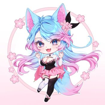 1girl animal_ears black_thighhighs blue_eyes blue_hair blush breasts chibi chibi_only cleavage commentary drowsenss full_body gradient_hair hands_up highres indie_virtual_youtuber looking_at_viewer mismatched_thighhighs multicolored_hair open_mouth pink_hair signature silvervale solo tail thighhighs virtual_youtuber white_thighhighs wolf_ears wolf_tail