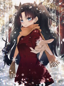 Rule 34 | 1girl, absurdres, black hair, blue eyes, closed mouth, commentary request, fate/stay night, fate (series), hair ribbon, highres, jacket, long hair, looking at viewer, marimohu starry, open hand, orange scarf, outdoors, outstretched arm, parted bangs, reaching, reaching towards viewer, red jacket, ribbon, scarf, smile, snow, snowflakes, snowing, solo, tohsaka rin, tree, two side up, very long hair, wavy hair