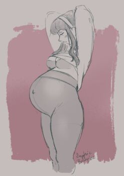 Rule 34 | 1girl, arms behind head, artist name, black hair, blush, bra, breasts, cleavage, clothes lift, curvy, feet out of frame, hair over shoulder, hairband, highres, limited palette, looking down, maternity pantyhose, medium breasts, medium hair, pantyhose, pregnant, sapphicbump, signature, solo, spy x family, standing, sweater, sweater lift, thick thighs, thighs, underwear, wide hips, yor briar