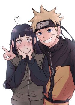 Rule 34 | 1boy, 1girl, ahoge, arm around shoulder, black hair, blonde hair, blue eyes, closed mouth, commentary request, facial mark, flak jacket, forehead protector, heart, heart ahoge, highres, hyuuga hinata, jacket, konohagakure symbol, korean commentary, long hair, long sleeves, looking at viewer, naruto (series), naruto shippuuden, open mouth, ovobbb, short hair, smile, teeth, uzumaki naruto, v, whisker markings, white background