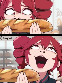 1girl absurdres baguette bare_shoulders bongftah bread commentary drill_hair food highres holding holding_food holding_weapon kasane_teto kpop_demon_hunters looking_up no_uvula open_mouth red_eyes red_hair rumi_sniffing_kimbap_(meme) signature sleeveless smelling solo untranslatable_commentary synthesizer_v teeth twin_drills twintails upper_teeth_only utau weapon