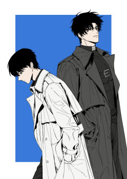 2boys absurdres black_coat black_hair black_shirt border chest_belt coat cowboy_shot hands_in_pockets highres kim_dokja male_focus multiple_boys omniscient_reader&#039;s_viewpoint open_clothes open_coat outside_border popped_collar shirt short_hair stella_37 white_border white_coat yoo_joonghyuk