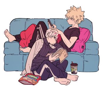 Rule 34 | 2boys, bakugou katsuki, barefoot, black pants, black shirt, black sweater, blonde hair, boku no hero academia, book, cardigan, cardigan on shoulders, chips (food), couch, cup, food, full body, grey cardigan, hair between eyes, hand on another's head, holding, holding book, holding phone, indian style, male focus, multicolored hair, multiple boys, pants, phone, pillow, potato chips, reading, reclining, red hair, shirt, siixxbt, sitting, spiked hair, sweater, t-shirt, todoroki shoto, track pants, two-tone hair, white hair, yaoi