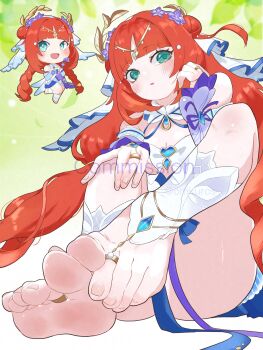 1girl :d aqua_eyes arched_bangs bare_shoulders barefoot barefoot_sandals_(jewelry) blue_dress blue_flower blue_sleeves blush breasts chibi chibi_inset circlet cleavage commentary commission curled_fingers detached_sleeves double_bun dress feet fingernails flower foot_focus full_body genshin_impact gradient_background gradient_sleeves green_background hair_bun hair_flower hair_intakes hair_ornament hand_on_own_cheek hand_on_own_face hand_on_own_knee highres jewelry knees_up leaf leaf_background long_hair long_sleeves looking_at_viewer medium_breasts nilou_(breeze_of_sabaa)_(genshin_impact) nilou_(genshin_impact) official_alternate_costume omkuros open_mouth parted_lips red_hair sitting skeb_commission sleeveless sleeveless_dress smile soles thighs toe_ring toenails toes twintails twitter_username two-tone_background veil very_long_hair watermark white_background white_veil
