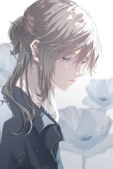 1boy bishounen blue_eyes brown_hair ear_piercing earrings flower hair_between_eyes half_updo hashtag-only_commentary highres jewelry kanae_(nijisanji) light_smile lips long_hair male_focus nijisanji piercing roku_(ntbr_fate) simple_background solo upper_body virtual_youtuber white_background