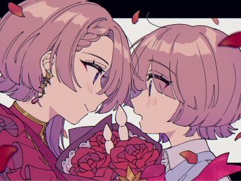 Rule 34 | 2girls, arimura mao, blue vest, bouquet, braid, braided bangs, carnation, collared shirt, commentary request, dual persona, earrings, falling petals, flower, frilled shirt, frills, gakuen idolmaster, hair between eyes, highres, holding, holding bouquet, idolmaster, jewelry, letterboxed, looking at another, multiple girls, niyororinpayamaru, official alternate costume, open mouth, petals, pink hair, portrait, profile, purple eyes, red carnation, red flower, red petals, red shirt, shirt, short hair, star (symbol), star earrings, vest, white background, white shirt