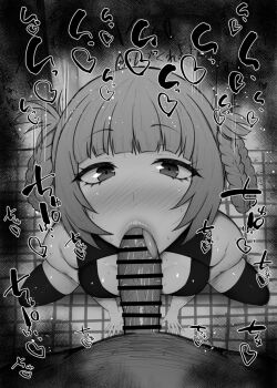 1boy 1girl :&gt;= bar_censor blush braid breasts censored clothed_female_nude_male completely_nude completely_nude dark-skinned_male dark_skin erection fellatio from_above ginjou_maggots greyscale head_tilt heart hetero indoors japanese_language japanese_text kurotama large_penis legs licking licking_penis lips long_hair looking_at_another looking_at_viewer looking_up monochrome nanakusa_nazuna_(yofukashi_no_uta) nude oral penis pointless_censoring pov pov_crotch precum public_use raised_eyebrows saliva shiny_skin side_braids small_breasts solo_focus sound_effects spread_legs squatting sweat thighhighs thighs tight_clothes tile_floor tiles toilet tongue tongue_out twin_braids urinal veins veiny_penis wall yofukashi_no_uta