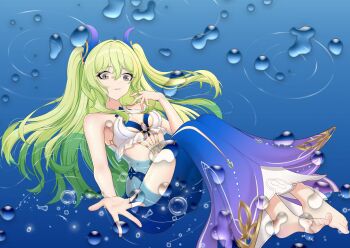 1girl air_bubble bare_shoulders blue_horns breasts bubble chinese_commentary clothing_cutout commentary_request fake_horns green_hair highres honkai_(series) honkai_impact_3rd horns long_hair medium_breasts mermaid_costume mobius_(daughter_of_corals)_(honkai_impact) mobius_(honkai_impact) official_alternate_costume official_alternate_hairstyle sasaki3rd side_cutout slit_pupils solo swimsuit twintails two-tone_one-piece_swimsuit underwater very_long_hair