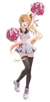 1girl ;d absurdres ahoge arm_up bare_arms black_thighhighs blonde_hair brown_eyes cheerleader commentary_request crop_top double-parted_bangs flat_chest fortissimo full_body gradient_hair hair_between_eyes hair_ornament hairclip highres holding holding_pom_poms hololive hololive_dev_is kaguya_(srx61800) long_hair looking_at_viewer midriff miniskirt multicolored_hair musical_note musical_note_hair_ornament navel one_eye_closed open_mouth orange_hair otonose_kanade pleated_skirt pom_pom_(cheerleading) pom_poms shoes side_ponytail sidelocks simple_background skirt smile sneakers solo tank_top teeth thighhighs upper_teeth_only very_long_hair white_background white_shoes white_skirt white_tank_top