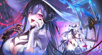 2girls absurdres asymmetrical_gloves black_gloves black_hair black_swan_(honkai:_star_rail) blue_nails breasts claws cleavage commentary_request dancing demon_girl demon_horns demon_tail dress gloves hat highres hokkul honkai:_star_rail honkai_(series) horns huge_breasts jewelry long_hair looking_at_viewer mismatched_gloves multiple_girls multiple_views necklace pearl_necklace picture_frame pink_eyes purple_hair purple_veil tail tattoo the_dahlia_(honkai:_star_rail) tongue tongue_out tongue_tattoo upper_body veil very_long_hair white_dress white_gloves white_hat yuri