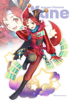 1boy :d absurdres arm_up belt black_boots black_cape boots cape card character_name cloud commission curtained_hair fire_emblem fire_emblem:_mystery_of_the_emblem fire_emblem_heroes floating_card frilled_sleeves frills full_body gloves hair_between_eyes hand_up hat hat_feather head_tilt headband highres holding holding_card jack-o'-lantern_hat_ornament jester_cap knee_boots leg_up long_sleeves looking_at_viewer lower_teeth_only male_focus mark_under_eye medium_hair multicolored_hat neck_ruff nintendo one_eye_closed open_mouth outline outstretched_arm pants parted_bangs patchwork_clothes pink_belt pixiv_commission playing_card pointy_boots puffy_long_sleeves puffy_sleeves purple_outline red_belt red_eyes red_gloves red_hair red_pants red_shirt scarf_belt shirt silvercandy_gum smile solo sparkle star_(symbol) striped_belt striped_sleeves teeth v-shaped_eyebrows white_background white_headband white_outline xane_(fire_emblem) xane_(halloween)_(fire_emblem) yellow_outline zoom_layer