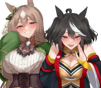 2girls absurdres ahoge animal_ears arm_warmers ascot bare_shoulders black_gem black_hair black_shirt black_sleeves blue_gem blunt_ends blush breasts brown_ascot brown_corset brown_eyes brown_hair chanchanko_(clothes) chest_jewel cleavage cleavage_cutout clothing_cutout commentary corset detached_sleeves diamond_(shape) diamond_cutout dress ear_ornament frilled_shirt frills gem gold_trim green_dress grin hair_between_eyes hair_in_own_mouth highres horse_ears horse_girl kitasan_black_(crowning_ooban)_(umamusume) kitasan_black_(umamusume) large_breasts long_hair long_sleeves looking_at_viewer medium_hair multicolored_hair multicolored_shirt multiple_girls open_mouth orange_shirt red_eyes sash satono_diamond_(natural_brilliance)_(umamusume) satono_diamond_(umamusume) seductive_smile shirt simple_background sleeveless sleeveless_shirt sleeves_past_fingers sleeves_past_wrists smile streaked_hair two-tone_hair two_side_up umamusume upper_body very_long_hair white_background white_hair white_shirt white_streaks xkittyzx yellow_arm_warmers