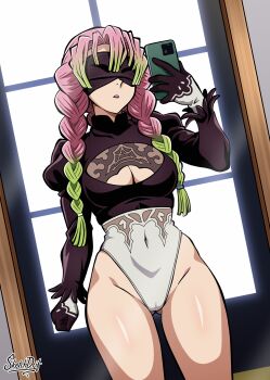 1girl 2b_(nier:automata) 2b_(nier:automata)_(cosplay) absurdres black_gloves blindfold braid breasts cameltoe cellphone cleavage cleavage_cutout clothing_cutout cosplay covered_navel gloves gluteal_fold gradient_hair green_hair highleg highleg_leotard highres holding holding_phone juliet_sleeves kanroji_mitsuri kimetsu_no_yaiba large_breasts leotard long_sleeves mirror multicolored_hair nier:automata nier_(series) parted_lips phone pink_hair puffy_sleeves reflection selfie sketchdrif smartphone solo thighs twin_braids two-tone_hair voice_actor_connection