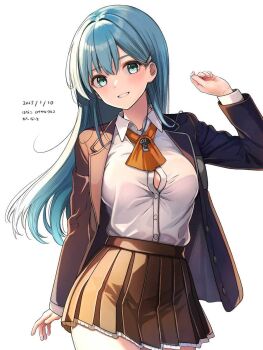 1girl aqua_eyes aqua_hair ascot blazer blush breasts brown_jacket brown_skirt button_gap commentary_request cowboy_shot dated hair_between_eyes hair_ornament hairclip hanako_(peanut) highres jacket kantai_collection large_breasts long_hair looking_at_viewer open_clothes open_jacket orange_ascot school_uniform skirt smile solo suzuya_(kancolle) white_background