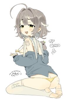 ahoge bikini breasts cardigan fang feet green_eyes mole mole_on_ass mota_(motaberrie) oimo_buster small_breasts soles swimsuit thighhighs toes