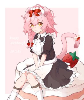 1girl absurdres alternate_costume animal_ears apron arknights black_dress braid cake cat_ears cat_girl cat_tail chinese_commentary closed_mouth commentary_request dated dress enmaided food fruit goldenglow_(arknights) happy_birthday highres ice_orange_lovegg long_hair looking_at_viewer maid orange_eyes pink_background pink_hair puffy_short_sleeves puffy_sleeves short_sleeves side_braid simple_background single_braid sitting smile socks solo strawberry tail v_arms white_apron white_socks