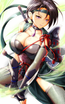 1girl armor breasts cleavage fingerless_gloves fire_emblem fire_emblem:_three_houses fire_emblem_heroes fishnets gloves japanese_clothes large_breasts ninja nintendo official_alternate_costume purple_eyes sash shamir_nevrand shamir_nevrand_(ninja) short_hair smile solo spread_legs sword thighhighs weapon yanmarson