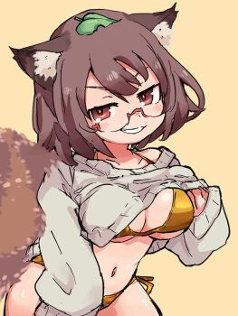 1girl animal_ear_fluff animal_ears bikini bikini_under_clothes blush breasts brown_hair clothes_lift commentary_request futatsuiwa_mamizou glasses gold_bikini highres large_breasts leaf leaf_on_head lifting_own_clothes looking_at_viewer medium_hair navel pince-nez raccoon_ears raccoon_girl raccoon_tail red_eyes shirt_lift simple_background smile sweater swimsuit tail tanuki touhou yoshiyuki_(14330975)