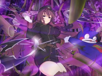 Rule 34 | 1girl, bamboo, bamboo forest, bebe-tan, belt, belt pouch, bike shorts, black jacket, black necktie, black ribbon, blush, boots, breasts, brown belt, brown boots, buttons, double-breasted, energy, forest, gloves, grass, hair ribbon, hat, hebijo academy school uniform, holding, holding stuffed toy, jacket, large breasts, leaf, light particles, long hair, long sleeves, looking at viewer, military hat, multiple wielding, murasaki (senran kagura), nature, necktie, night, official art, pouch, prehensile hair, purple eyes, purple hair, purple thighhighs, ribbon, school uniform, scroll, senran kagura, senran kagura new link, senran kagura shinovi versus, shuriken, skindentation, slashing, solo, sparks, standing, stuffed animal, stuffed toy, teddy bear, thigh boots, thighhighs, thighs, very long hair, weapon, white gloves