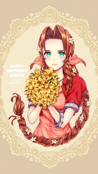 Rule 34 | 1girl, 39cva, aerith gainsborough, bouquet, braid, braided ponytail, breasts, brown hair, closed mouth, commentary request, cropped jacket, dated, dress, final fantasy, final fantasy vii, flower, green eyes, hair flower, hair ornament, hair ribbon, happy birthday, highres, holding, holding bouquet, jacket, lily (flower), long hair, looking at viewer, medium breasts, parted bangs, pink dress, pink ribbon, puffy short sleeves, puffy sleeves, red jacket, ribbon, short sleeves, sidelocks, silver bangle, single braid, smile, solo, twitter username, upper body, white flower, yellow flower