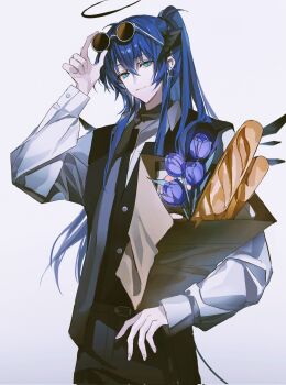 Rule 34 | 1girl, alternate costume, arknights, bag, baguette, black pants, black vest, blue eyes, bread, collared shirt, commentary, corrupted twitter file, demon girl, demon horns, demon tail, earrings, eyewear on head, flower, food, halo, highres, holding, holding bag, horns, jewelry, long hair, long sleeves, mostima (arknights), pants, paper bag, ponytail, purple flower, shenhuili, shirt, simple background, smile, solo, sunglasses, tail, vest, white background, white shirt, wings