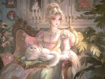 1girl absurdres animal animal_on_lap blonde_hair breasts cat cleavage closed_mouth couch dress earrings elbow_gloves flower gloves green_dress highres holding indoors jewelry large_variant_set looking_at_viewer medium_breasts necklace on_lap original painting_(object) picture_frame pink_dress plant princess puffy_short_sleeves puffy_sleeves ring shawl short_sleeves sitting solo variant_set white_cat white_gloves xixizi