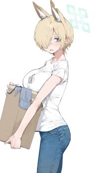 Rule 34 | 1girl, absurdres, alternate costume, animal ears, basket, blonde hair, blue archive, blue eyes, blue pants, breast rest, breasts, commentary, cowboy shot, denim, dog ears, english commentary, expressionless, from side, hair over one eye, halo, highres, holding, holding basket, jeans, kanna (blue archive), kanna (young) (blue archive), large breasts, laundry basket, lonklink, looking at viewer, looking to the side, official alternate hair length, official alternate hairstyle, one eye covered, pants, sharp teeth, shirt, short hair, short sleeves, simple background, solo, t-shirt, teeth, white background, white shirt