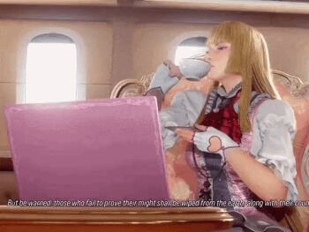 1girl 3d animated animated_gif blonde_hair breasts chair computer cup emilie_de_rochefort english_text fingerless_gloves gloves hime_cut laptop lips long_hair medium_breasts short_sleeves sitting teacup tekken tekken_8 window