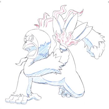 Rule 34 | angry, ape, commentary request, full body, gen 7 pokemon, hand fan, highres, holding, holding fan, kuroki shigewo, lineart, nintendo, on one knee, open mouth, oranguru, pokemon, pokemon (creature), pokemon focus, simple background, solo, teeth, white background