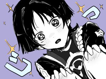 1boy blunt_ends blush from_below genshin_impact googly_eyes greyscale greyscale_with_colored_background hands_on_own_knees highres japanese_clothes jewelry juban kimono knee_blush looking_at_viewer male_focus mandarin_collar mitsudomoe_(shape) monochrome neck_ring open_mouth parted_bangs pon_oi4 purple_background rope scaramouche_(genshin_impact) shimenawa single_sode solo tomoe_(symbol) translation_request wide-eyed wispy_bangs