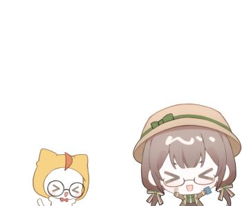 &gt;_&lt; 1girl ahoge animal bad_link baonu_de_zhanshen_caibutou bespectacled black-framed_eyewear blunt_bangs border bow bowtie brown_coat brown_hair brown_hat brown_necktie brown_pants cat chibi chinese_commentary clipboard cloak clothed_animal coat collared_coat collared_shirt commentary_request cowboy_shot ear_covers flawless_vision_(infinity_nikki) glasses green_bow green_shirt hair_bow happy hat hat_bow highres holding holding_clipboard holding_quill hood hood_up hooded_cloak infinity_nikki lapels long_hair long_sleeves low_twintails momo_(nikki) multicolored_bow necktie nikki_(series) notched_lapels open_clothes open_coat outside_border pants photo_(object) plaid_clothes plaid_necktie quill red_bow red_bowtie round_eyewear shirt sleeve_cuffs sleeves_past_wrists striped_bow traditional_bowtie transparent_background twintails very_long_hair white_border white_cat yellow_cloak