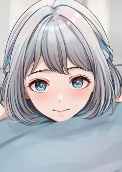 1girl blue_eyes blue_ribbon blush braid closed_mouth commentary_request gakuen_idolmaster grey_hair hair_ribbon half_up_braid highres idolmaster katsuragi_lilja looking_at_viewer medium_hair portrait ribbon ribbon_braid solo yuzuyu_(hyui)