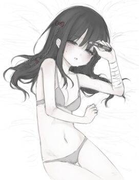 Rule 34 | 1girl, absurdres, bandaged arm, bandages, boxcutter, braid, breasts, enmity (fragilties), half-closed eyes, highres, holding, holding boxcutter, kitanai kimi ga ichiban kawaii, long hair, looking at viewer, navel, sezaki airi, side braid, small breasts, solo, underwear, underwear only