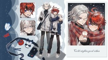 2boys absurdres adapted_costume ahoge anger_vein animalization aotsuki_eito black_gloves black_hair black_pants black_shoes black_sweater blue_eyes blush cable_knit cat cellphone chinese_commentary colored_eyelashes commentary_request english_text foodification fur-trimmed_jacket fur_trim glasses gloves grey_hair hair_between_eyes height_difference highres holding_snowman jacket locked_arms long_sleeves male_focus multicolored_hair multiple_boys multiple_views one_eye_closed open_mouth pants phone plaid_clothes plaid_scarf rabbit red_hair red_scarf scarf shared_clothes shared_scarf shoes short_hair smartphone smile snowflakes snowing snowman streaked_hair sumino_takumi sweat sweater syuu_1125 teeth the_hundred_line_-last_defense_academy- thigh_strap tomato turtleneck turtleneck_sweater two-tone_hair upper_teeth_only white_jacket white_shoes white_sweater