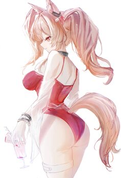 Rule 34 | 1girl, absurdres, angelina (arknights), animal ear fluff, animal ears, arknights, ass, bare shoulders, breasts, brown eyes, brown hair, closed mouth, cup, from behind, highres, holding, holding cup, large breasts, long hair, marceau 44, one-piece swimsuit, red one-piece swimsuit, see-through clothes, see-through sleeves, sidelocks, smile, solo, swimsuit, tail, thigh strap, twintails