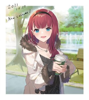 1girl asahina_akane_(casual)_(nijisanji) asahina_akane_(nijisanji) bench black_bow black_hairband black_sweater blue_eyes blush bow breasts cleavage coat collarbone cup dated disposable_coffee_cup disposable_cup earrings eihi english_text fur-trimmed_jacket fur_trim hairband holding holding_cup jacket jewelry long_sleeves looking_at_viewer lower_teeth_only medium_breasts medium_hair necklace nijisanji official_art open_clothes open_coat open_mouth outdoors park_bench red_hair single_earring smile solo sweater teeth tree virtual_youtuber white_coat