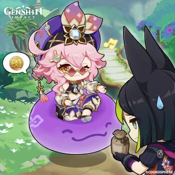 1boy 1girl ;3 absurdres ahoge animal_ears arabian_clothes beamed_eighth_notes black_gloves black_hair black_shirt blue_gemstone blunt_ends blurry blurry_background bow brown_eyes chibi closed_mouth coin commentary company_name copyright_name copyright_notice crop_top day detached_sleeves dori_(genshin_impact) english_commentary fox_ears gem genshin_impact glasses gloves grass green_eyes green_hair hair_between_eyes hair_ornament hairclip harem_pants hat hat_ornament highres hood hood_down hoodie jewelry jinni_(genshin_impact) long_sleeves looking_at_another medal money_bag mora_(genshin_impact) multicolored_eyes multicolored_hair musical_note neck_ring necktie official_art one_eye_closed outdoors palm_tree pants path pince-nez pink_hair plant_roots profile puffy_detached_sleeves puffy_sleeves purple_bow purple_headwear purple_pants purple_ribbon raised_eyebrows red-tinted_eyewear ribbon road shirt short_hair short_hair_with_long_locks short_sleeves sidelocks sitting sleeveless sleeveless_shirt smile speech_bubble standing sweatdrop tassel tighnari_(genshin_impact) tinted_eyewear tree two-tone_hair vision_(genshin_impact) watermark white_necktie white_sleeves yellow_eyes