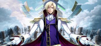 1boy ascot blonde_hair chess_piece coat code_geass code_geass:_lost_stories commentary_request dutch_angle epaulettes f4samurai game_cg gem gloves green_gemstone grey_eyes hand_on_own_face hands_up high_collar highres holding holding_chess_piece indoors jacket long_sleeves looking_at_viewer male_focus official_art open_clothes open_coat purple_jacket schneizel_el_britannia short_hair sidelocks sitting smile solo sparkle upper_body white_ascot white_coat white_gloves