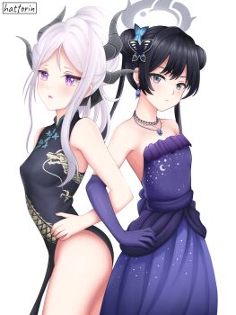 Rule 34 | 2girls, absurdres, ahoge, alternate costume, black hair, blue archive, butterfly hair ornament, china dress, chinese clothes, cosplay, costume switch, demon girl, demon horns, double bun, dress, elbow gloves, gloves, hair bun, hair ornament, hattorin, highres, hina (blue archive), hina (dress) (blue archive), horns, kisaki (blue archive), long hair, looking at viewer, multiple girls, open mouth, purple dress, purple eyes, purple gloves, simple background, standing, twintails, white background, white hair