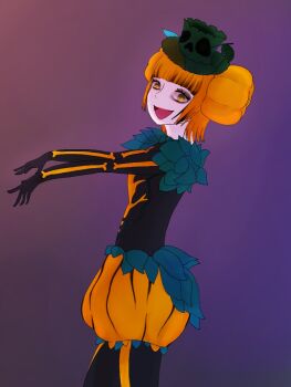1girl animification att0_att0 dancer disneyland dress gloves hair_bun halloween halloween_costume happy hat ibispaint_(medium) long_hair looking_at_viewer open_mouth orange_hair smile solo
