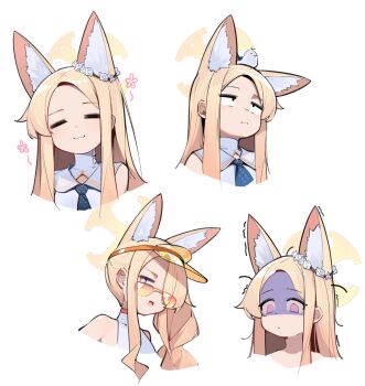 1girl animal animal_ear_fluff animal_ears animal_on_head bird blonde_hair blue_archive commentary_request fox_ears halo highres long_hair multiple_views on_head painterliuhao seia_(blue_archive) seia_(swimsuit)_(blue_archive) visor_cap white_background