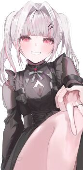 Rule 34 | 1girl, asumi sena, asumi sena (3rd costume), black dress, blush, commentary, cross hair ornament, dow suitable, dress, grey hair, gyaru v, hair ornament, highres, jewelry, looking at viewer, multicolored hair, pink eyes, pink hair, ring, signature, solo, streaked hair, two-tone hair, two side up, v, virtual youtuber, vspo!, white background