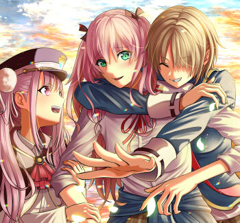 Rule 34 | 3girls, absurdres, aikawa megumi, brown hair, commentary request, green eyes, heaven burns red, highres, hug, hug from behind, kayamori ruka, kepekki kanojo, kunimi tama, long hair, multiple girls, neck ribbon, necktie, pink eyes, pink hair, ribbon, sailor, school uniform, short hair