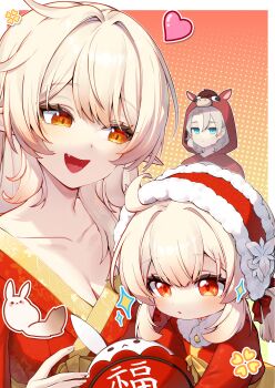 1boy 2girls absurdres ahoge albedo_(genshin_impact) alice_(genshin_impact) blonde_hair blue_eyes blush breasts brown_hair cleavage closed_mouth collarbone commentary_request dodoco_(genshin_impact) dress fang fingernails fur-trimmed_dress fur_trim genshin_impact heart highres holding japanese_clothes jumpy_dumpty kimono kkochmanyeo klee_(genshin_impact) korean_commentary looking_at_another multiple_girls open_mouth pointy_ears red_dress red_eyes red_kimono star_(symbol) star_in_eye symbol_in_eye