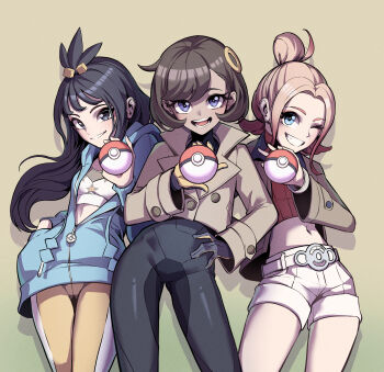 3girls :d absurdres belt black_bodysuit black_hair blonde_hair blue_eyes blue_jacket bodysuit breasts brown_hair brown_jacket crop_top emma_(pokemon) grey_eyes grin hand_in_pocket highres holding holding_poke_ball jacket lida_(pokemon) midriff multiple_girls navel nintendo one_eye_closed open_mouth pants poke_ball poke_ball_(basic) pokemon pokemon_legends:_z-a purple_eyes short_hair shorts simple_background small_breasts smile taunie_(pokemon) white_belt white_shorts yellow_background yellow_pants yogert_chip