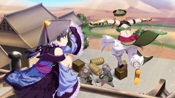 Rule 34 | 2boys, 2girls, back, black hair, blunt bangs, breasts, brown eyes, brown hair, building, cosplay, day, frilled sleeves, frills, game cg, hat, journey to the west, jumping, long sleeves, looking at viewer, medium breasts, medium hair, midair, multiple boys, multiple girls, non-web source, official art, on roof, outdoors, pants, satsuki yomi, sha wujing, sha wujing (cosplay), shidou maki (toji no miko), short hair, toji no miko, toji no miko: kizamishi issen no tomoshibi, weapon, white pants, wide sleeves, zhu bajie, zhu bajie (cosplay)